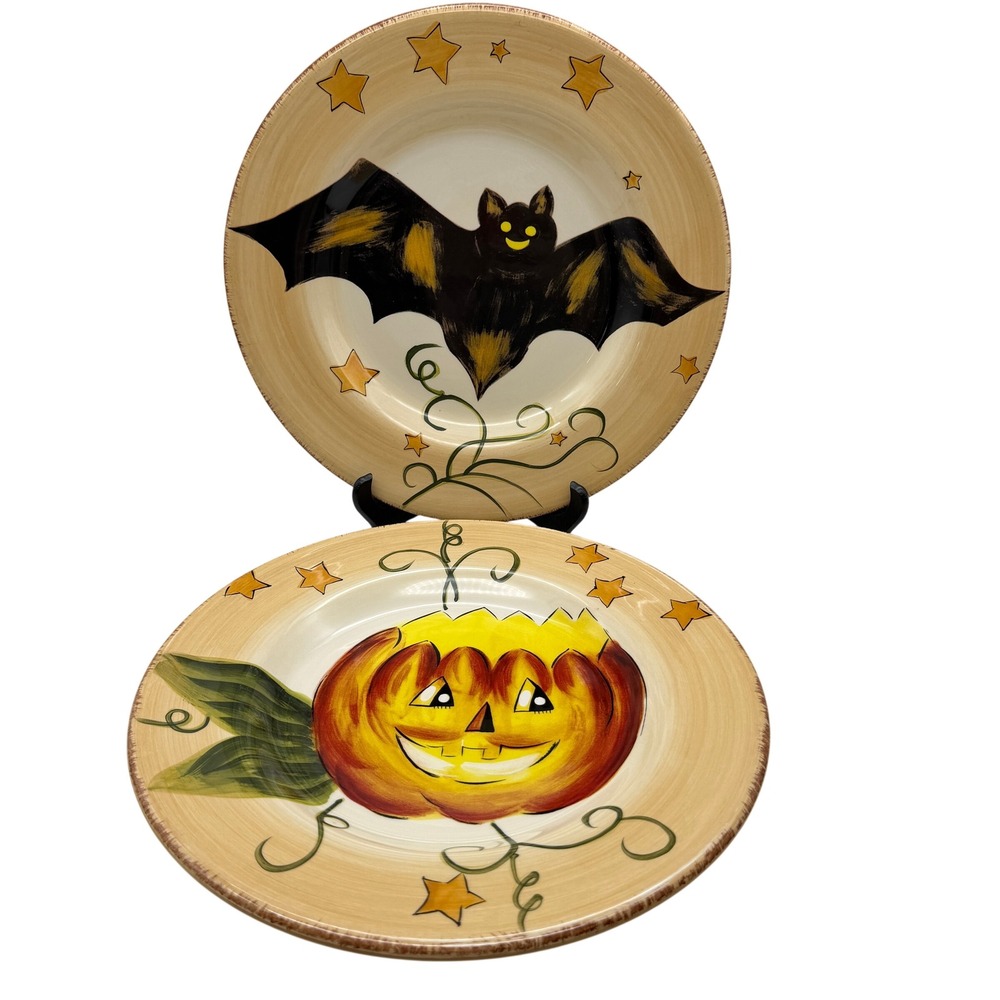 Dario Farrucci Designs Halloween dinner Plates Pumpkin Bat Hand Painted 11in